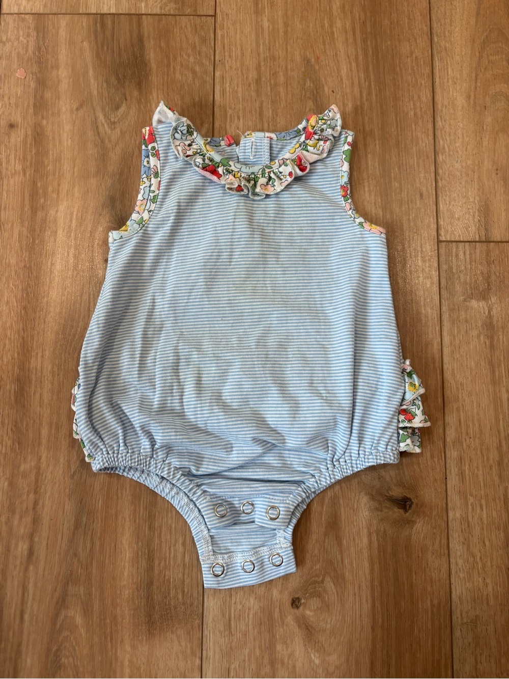 Serendipity by Shrimp & Grits Blue Striped Baby Bubble Romper with Floral Trim